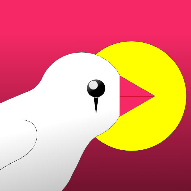 A logo depicting a white zebra finch against a sunset with the beak and sun forming a play button.